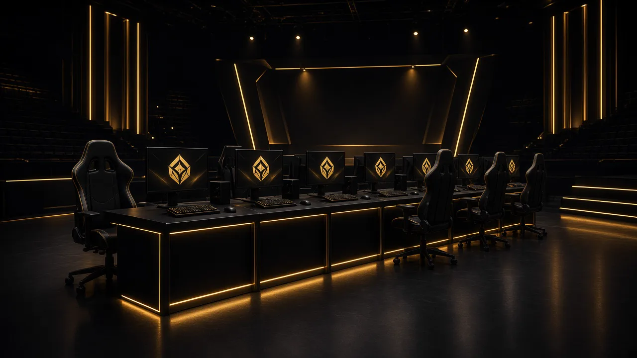 เวทีอีสปอร์ตที่มีเก้าอี้ว่างและจอภาพเรียงเป็นแถว